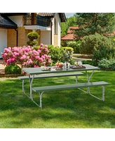 Gouun 6 Ft Picnic Table Bench Set Dining and 2 Benches with Metal Frame Hdpe Tabletop