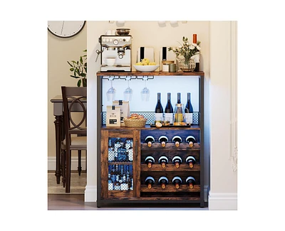 gaomon 3-Tier Wine Bar Cabinet with Led Lights, Detachable Wine Rack and Storage Space, Buffet Cabinet with Glass Holder and Mesh Door, for Kitchen