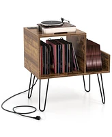 Gouun Mid-century Record Player Stand with Power Outlet and Vinyl Divider