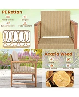 Gouun 4 Pieces Outdoor Patio Pe Wicker Conversation Bistro Set with Acacia Wood Frame