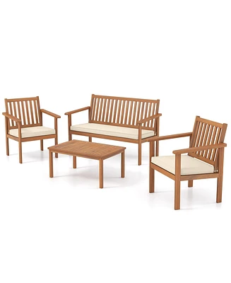 Gouun 4 Piece Patio Wood Furniture Set Acacia Wood Sofa Set with Loveseat-Off