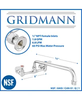 Gridmann Commercial Wall Mount Sink Faucet, 8" Center with 16" Swivel Spout, Nsf, Dual Lever Handles, Brass Construction, Chrome Polished Finish