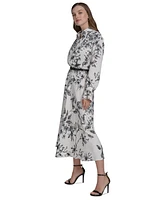 Halston Women's Printed Belted Long-Sleeve A-Line Dress