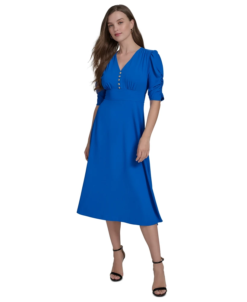 Halston Women's V-Neck Shirred-Sleeve Flared Dress