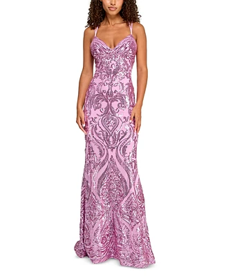 B Darlin Juniors' Sequin-Pattern Lace-Up V-Neck Gown, Created for Macy's