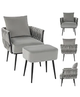 Gouun Modern Dutch Velvet Accent Chair and Ottoman Set with Weaved Back Arms