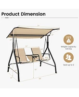 Gouun 2-Seat Outdoor Cushioned Porch Swing with Adjustable Canopy and Tempered Glass Table