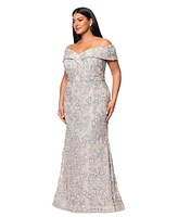 Xscape Plus Embellished Lace Off-The-Shoulder Gown