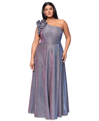 Xscape Plus One-Shoulder Metallic Gown