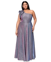 Xscape Plus One-Shoulder Metallic Gown