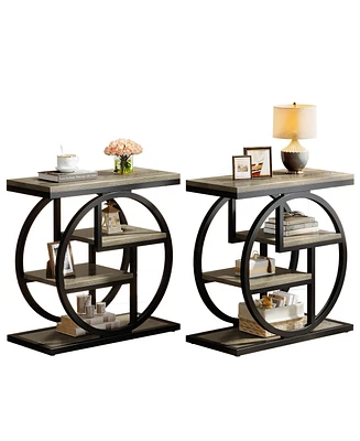 Tribesigns End Table Set of 2, 4-Tier Narrow Side Table with Storage Shelves, Wood Small Sofa Side Table with Geometric Metal Frame, Industrial Bedsid