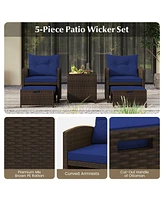 Gouun 5 Pieces Patio Rattan Furniture with 2 Ottomans and Tempered Glass Table