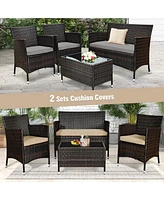 Gouun 4 Pieces Comfortable Outdoor Rattan Sofa Set with Glass Table