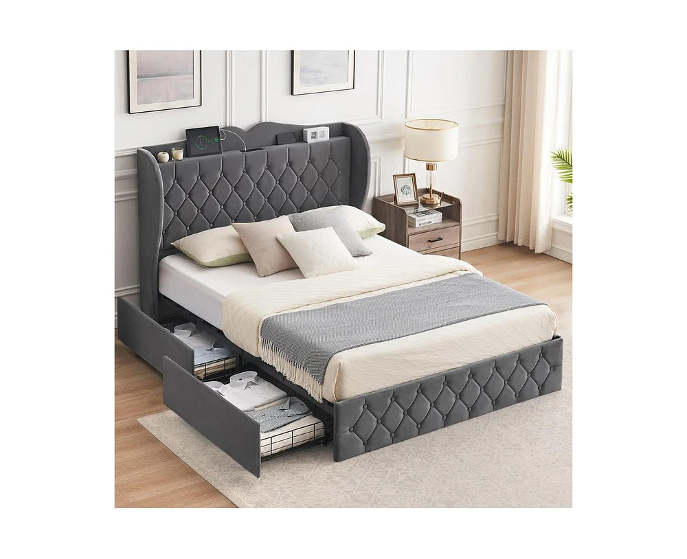 gaomon Full Size Bed Frame with Charging Station and 4 Storage Drawers, Velvet Upholstered Tall Tufted Wingback Headboard and Storage Shelf