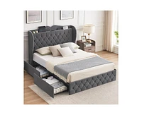 gaomon Full Size Bed Frame with Charging Station and 4 Storage Drawers, Velvet Upholstered Tall Tufted Wingback Headboard and Storage Shelf