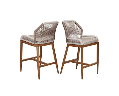 Woven Outdoor Counter Height Bar Stools Chairs Set of 2, Rattan Garden with Aluminum Frame, Modern Barstool Backrest for Kitchen,