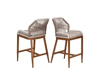 Woven Outdoor Counter Height Bar Stools Chairs Set of 2, Rattan Garden with Aluminum Frame, Modern Barstool Backrest for Kitchen,