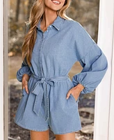 Cupshe Women's Denim Puff-Sleeve Tie-Waist Romper