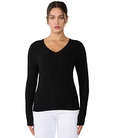 Jennie Liu Women's 100% Cashmere Cable-knit Long Sleeve Pullover V Neck Sweater