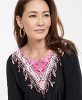 Jm Collection Women's Printed Jacquard 3/4-Sleeve Top, Exclusively at Macy's