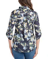 Bcx Juniors' Floral-Print Roll-Tab-Sleeve Collar Top