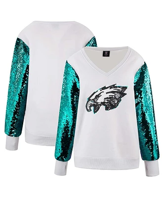 Cuce Women's White Philadelphia Eagles Sequin Sleeve V-Neck Pullover Sweatshirt