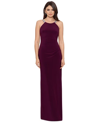 Betsy & Adam Women's Halter-Neck Rhinestone-Strap Gown