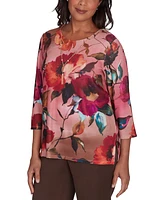 Alfred Dunner Petite Wine Country Dramatic Floral Crewneck Necklace Top