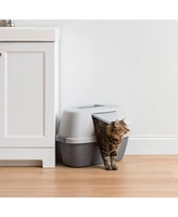 Iris Large Hooded Corner Cat Litter Box with Scoop, Gray