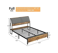gaomon Full Size Bed Frame with Ergonomic Headboard and Charging Station, Upholstered Platform Bed, Metal Industrial Bed Frame with Storage, No Box Sp