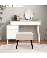 Costway 2 Pcs Velvet Vanity Stool Ottoman with Storage Solid Wood Legs Flip-Up Top