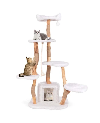 Costway 66" Tall Solid Wood Cat Tree with Perch Condo Jute Scratching Posts Sisal Rope