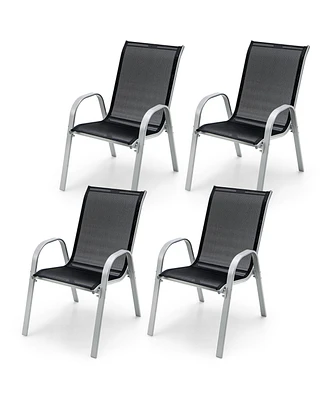 Gymax 4PCS Patio Stacking Dining Chairs w/ Curved Armrests & Breathable Seat Fabric