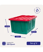 Homz Durable 27 Gallon Heavy Duty Holiday Storage Tote, Green/Red, (4 Pack