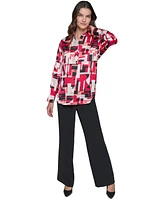 Karl Lagerfeld Paris Women's Satin Printed Oversized Button-Front Top