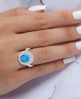Blue & White Cubic Zirconia Mixed Cut Halo Statement Ring Sterling Silver