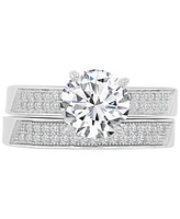 Cubic Zirconia Solitaire & Pave Milgrain Bead Bridal Set Sterling Silver