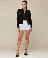 Avec Les Filles Womens Button Front Rib Knit Cardigan Faux Leather Pitched Hem Shorts