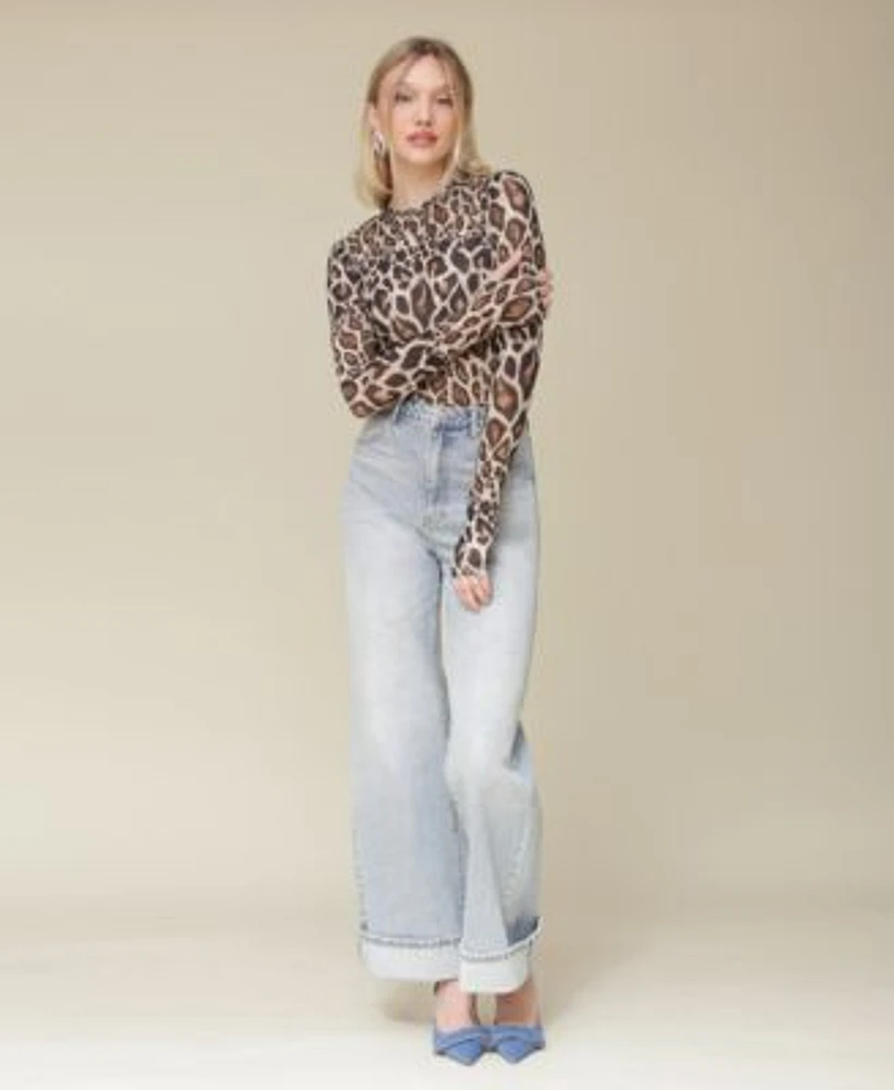 Avec Les Filles Womens Leopard Printed Long Sleeve Mesh Top Cuffed High Rise Wide Leg Jeans