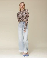 Avec Les Filles Womens Leopard Printed Long Sleeve Mesh Top Cuffed High Rise Wide Leg Jeans