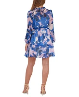 julia jordan Women's Printed High-Neck Chiffon Long-Sleeve Dress