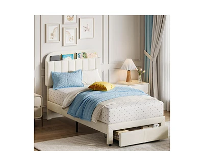 gaomon Twin Bed Frame with Drawer, Velvet Upholstered Platform Bed Frame with Storage Headboard, No Box Spring Needed, Easy Assembly