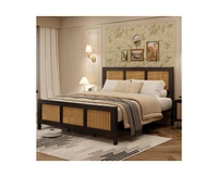 gaomon King Size Rattan Bed Frame with Headboard, Black Boho Cane Platform Bed Frame with Strong Metal Slat, Noise Free