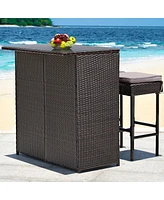 Gouun 3 Pieces Patio Rattan Wicker Bar Table Stools Dining SetOff