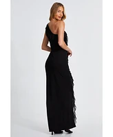 Quiz Women's Mesh Frill Detail One Shoulder Maxi Dress