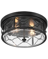 Franklin Iron Works Quincy 14" Industrial Flush-Mount Ceiling Light Fixture Kitchen Foyer Hallway Round Drum 2-Light Black Clear Seeded Glass Bedroom