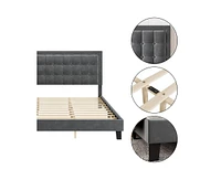 gaomon Full Size Button Tufted Platform Bed Frame, Velvet Upholstered Bed Frame with Adjustable Headboard, Wood Slat Support, No Box Spring Needed