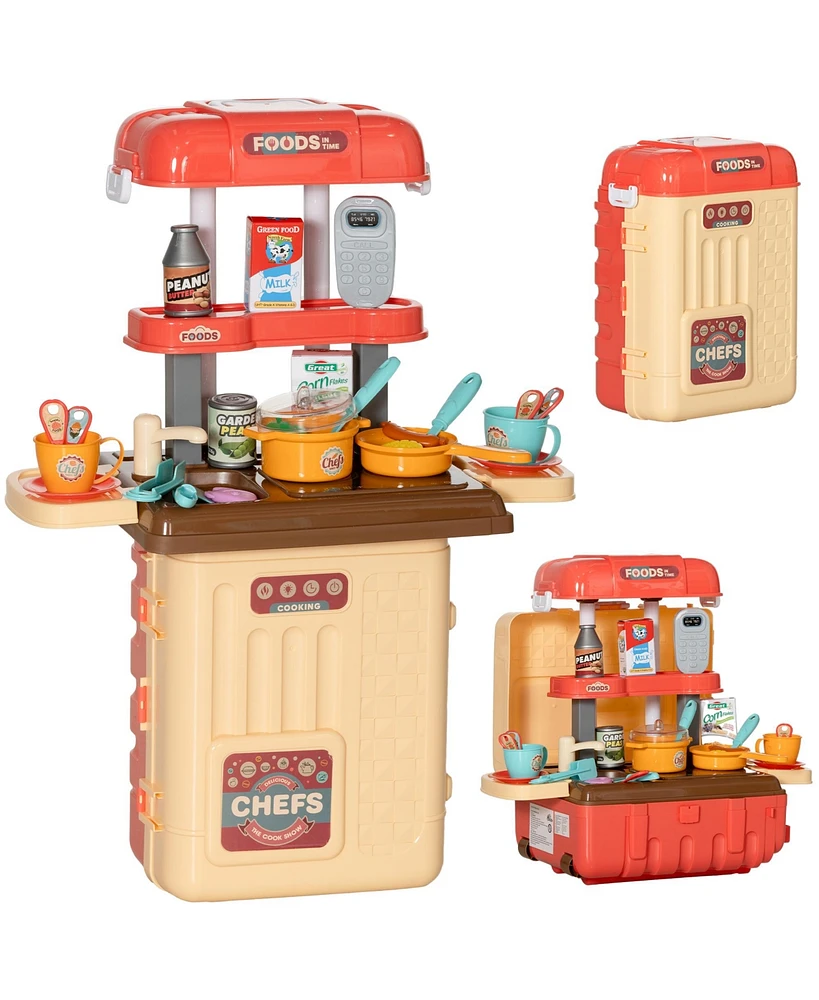Qaba 3 in 1 Play Kitchen Set, Foldable Pretend Play Toys for 3-6 Years Old