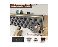 gaomon King Led Platform Bed Frame with Charging Station, Velvet Upholstered Bed Frame with Button Wingback Headboard