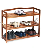 Gouun 3-Tier Acacia Wood Shoe Rack with Side Metal Hooks